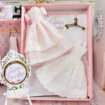 Chantallena Dresses Pink Polka Dots and White Cotton Eyelet Display Dresses-1:12 Scale | Lillian’s Garden