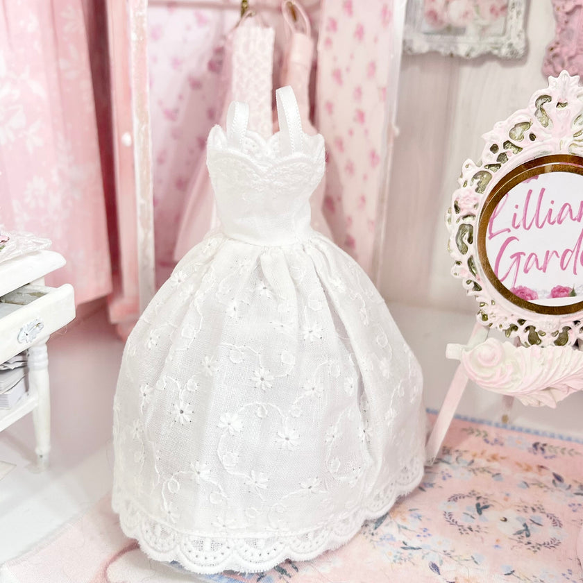 Chantallena Dresses Pink Polka Dots and White Cotton Eyelet Display Dresses-1:12 Scale | Lillian’s Garden