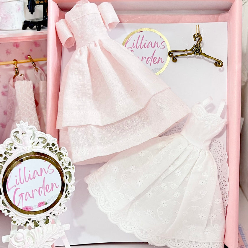 Chantallena Dresses Pink Polka Dots and White Cotton Eyelet Display Dresses-1:12 Scale | Lillian’s Garden