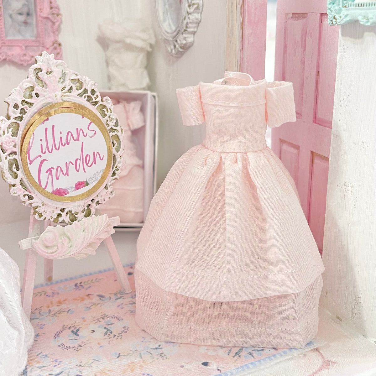 Chantallena Dresses Pink Polka Dots and White Cotton Eyelet Display Dresses-1:12 Scale | Lillian’s Garden