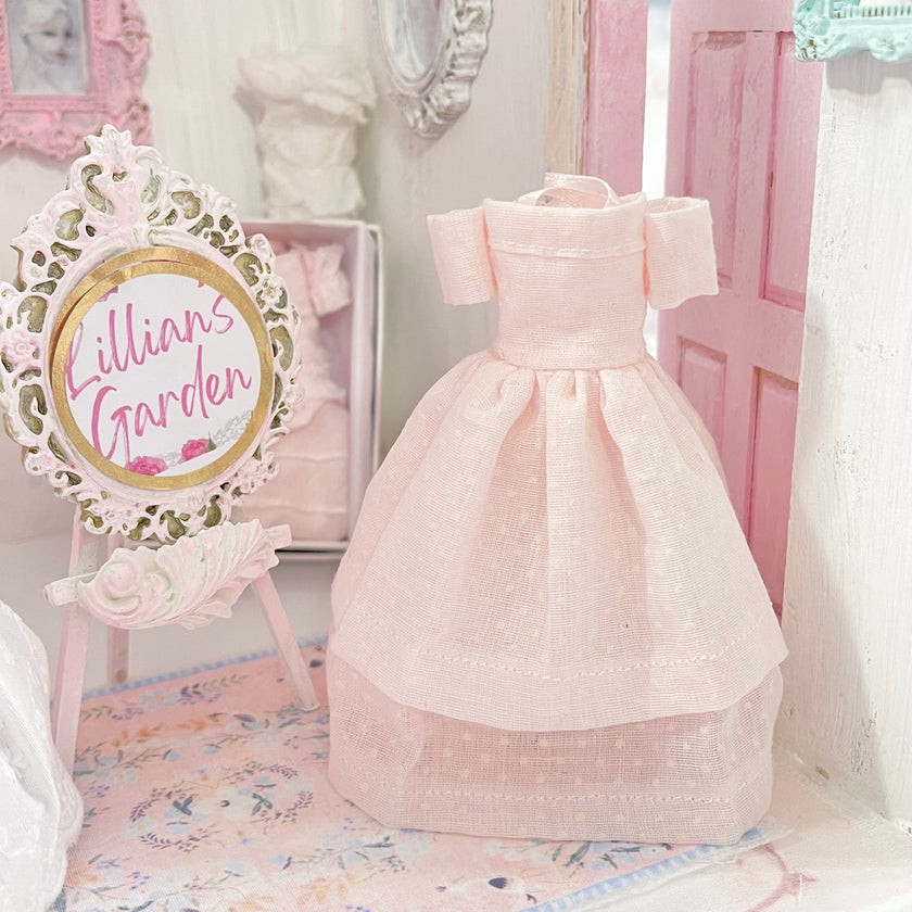 Chantallena Dresses Pink Polka Dots and White Cotton Eyelet Display Dresses-1:12 Scale | Lillian’s Garden