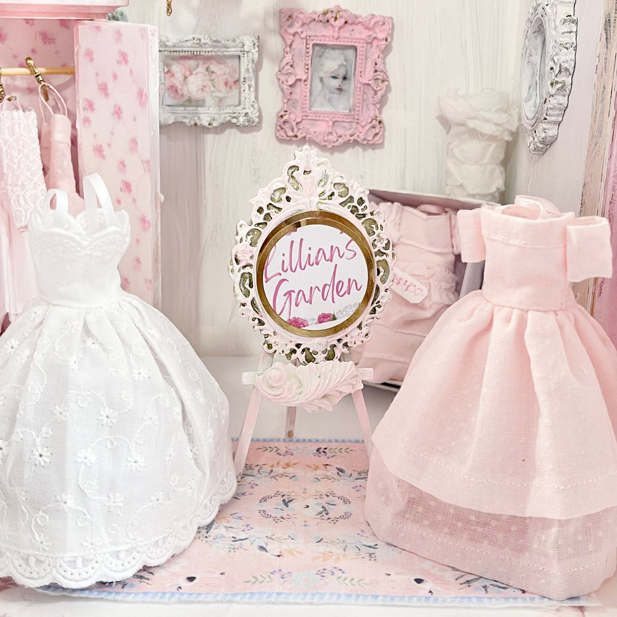 Chantallena Dresses Pink Polka Dots and White Cotton Eyelet Display Dresses-1:12 Scale | Lillian’s Garden