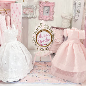 Chantallena Dresses Pink Polka Dots and White Cotton Eyelet Display Dresses-1:12 Scale | Lillian’s Garden