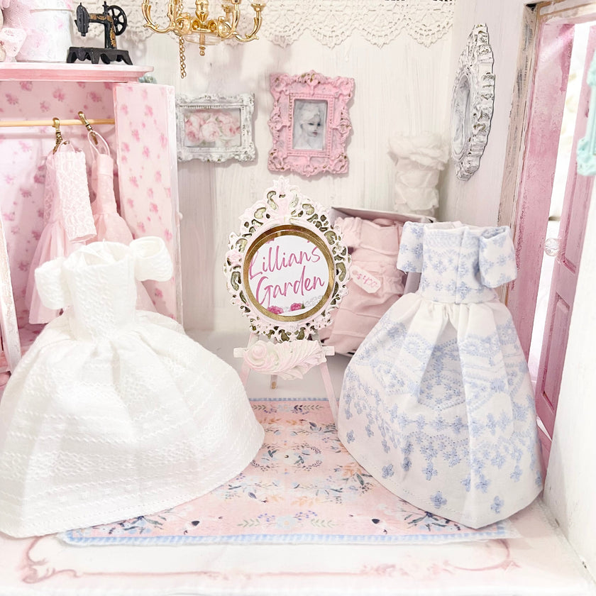 Chantallena Dresses White and Blue Cotton Embroidered Display Dresses-1:12 Scale | Lillian’s Garden