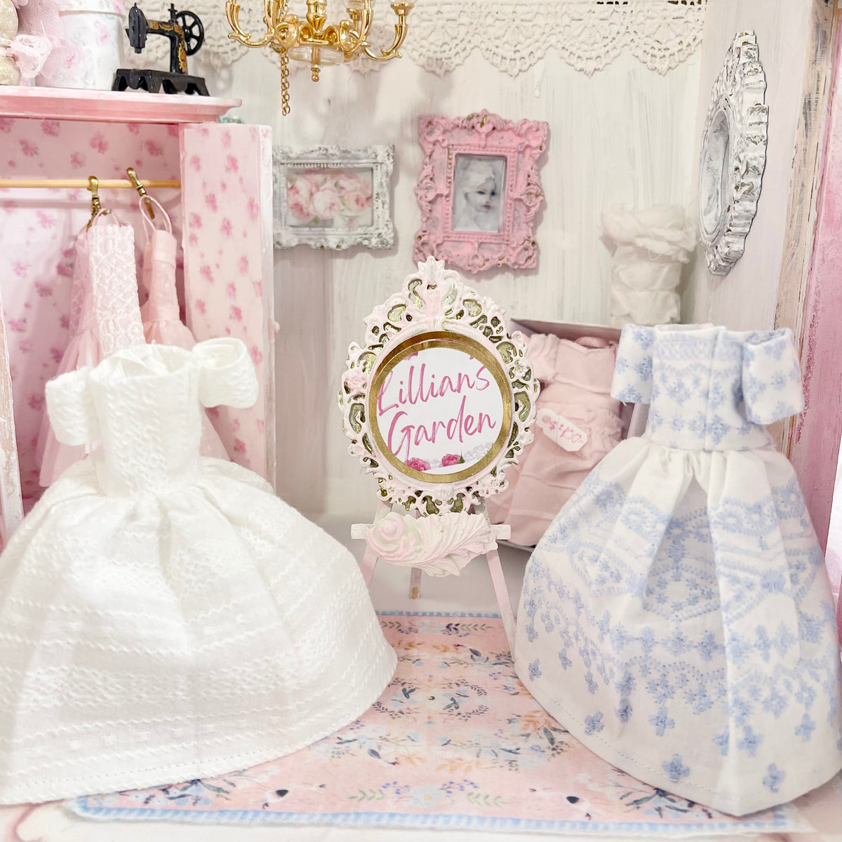 Chantallena Dresses White and Blue Cotton Embroidered Display Dresses-1:12 Scale | Lillian’s Garden
