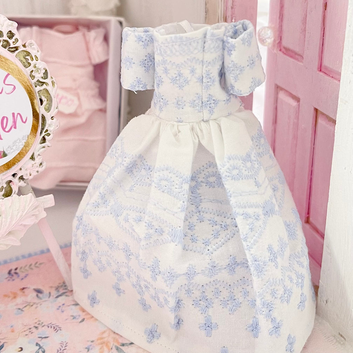 Chantallena Dresses White and Blue Cotton Embroidered Display Dresses-1:12 Scale | Lillian’s Garden