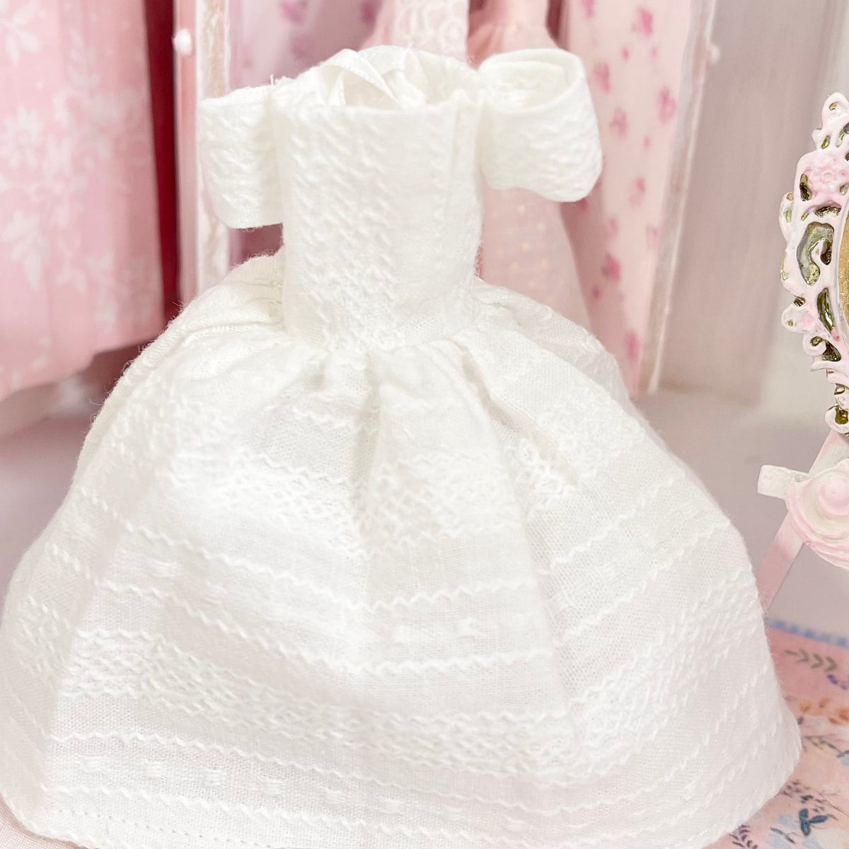 Chantallena Dresses White and Blue Cotton Embroidered Display Dresses-1:12 Scale | Lillian’s Garden