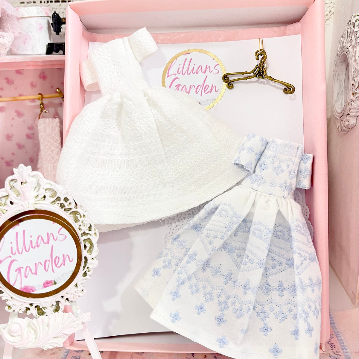 Chantallena Dresses White and Blue Cotton Embroidered Display Dresses-1:12 Scale | Lillian’s Garden