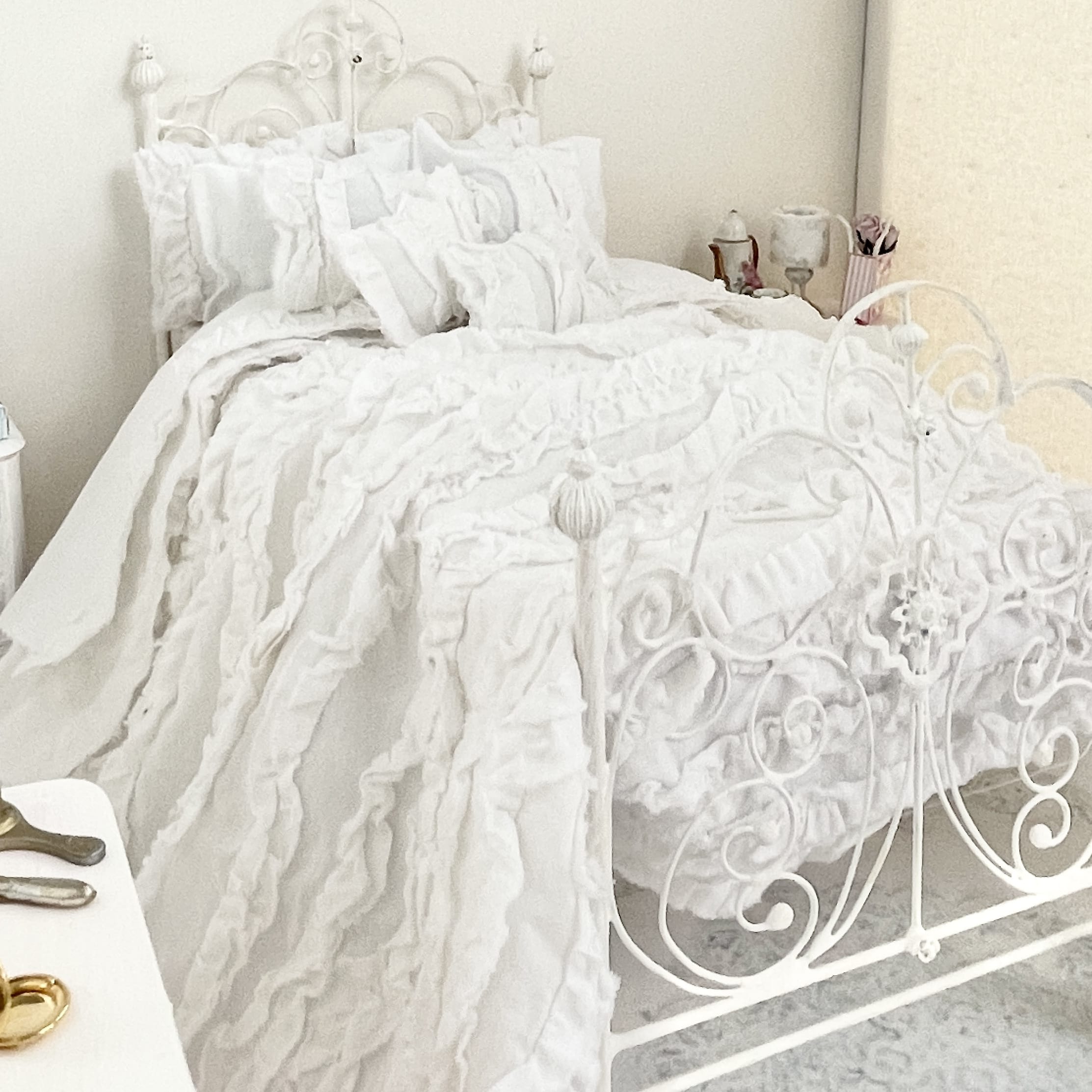 Chantallena fashion doll bedding 1:6 Scale Christina Grace |White Distressed Ruffled Cotton Bedding Set | Julia