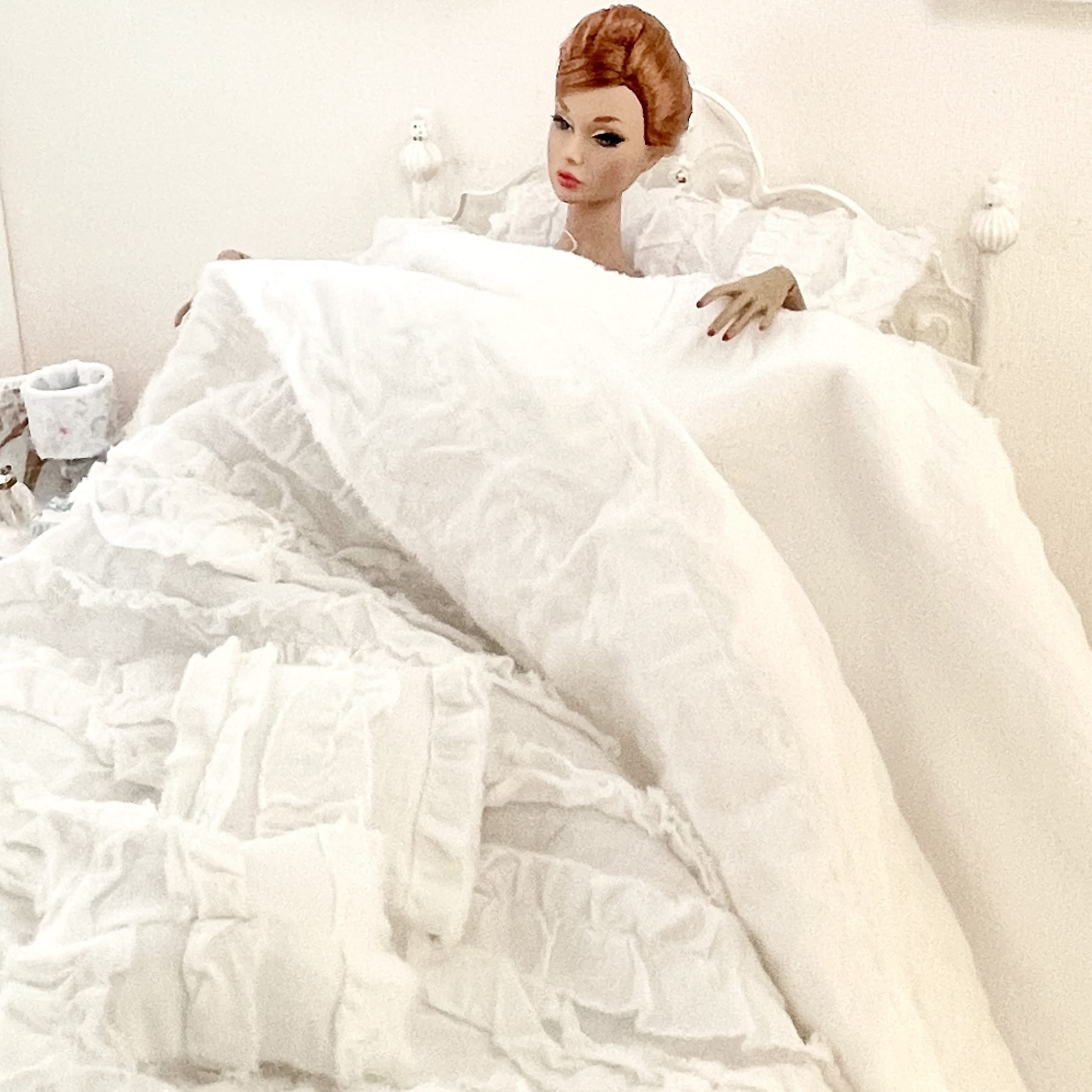 Chantallena fashion doll bedding 1:6 Scale Christina Grace |White Distressed Ruffled Cotton Bedding Set | Julia