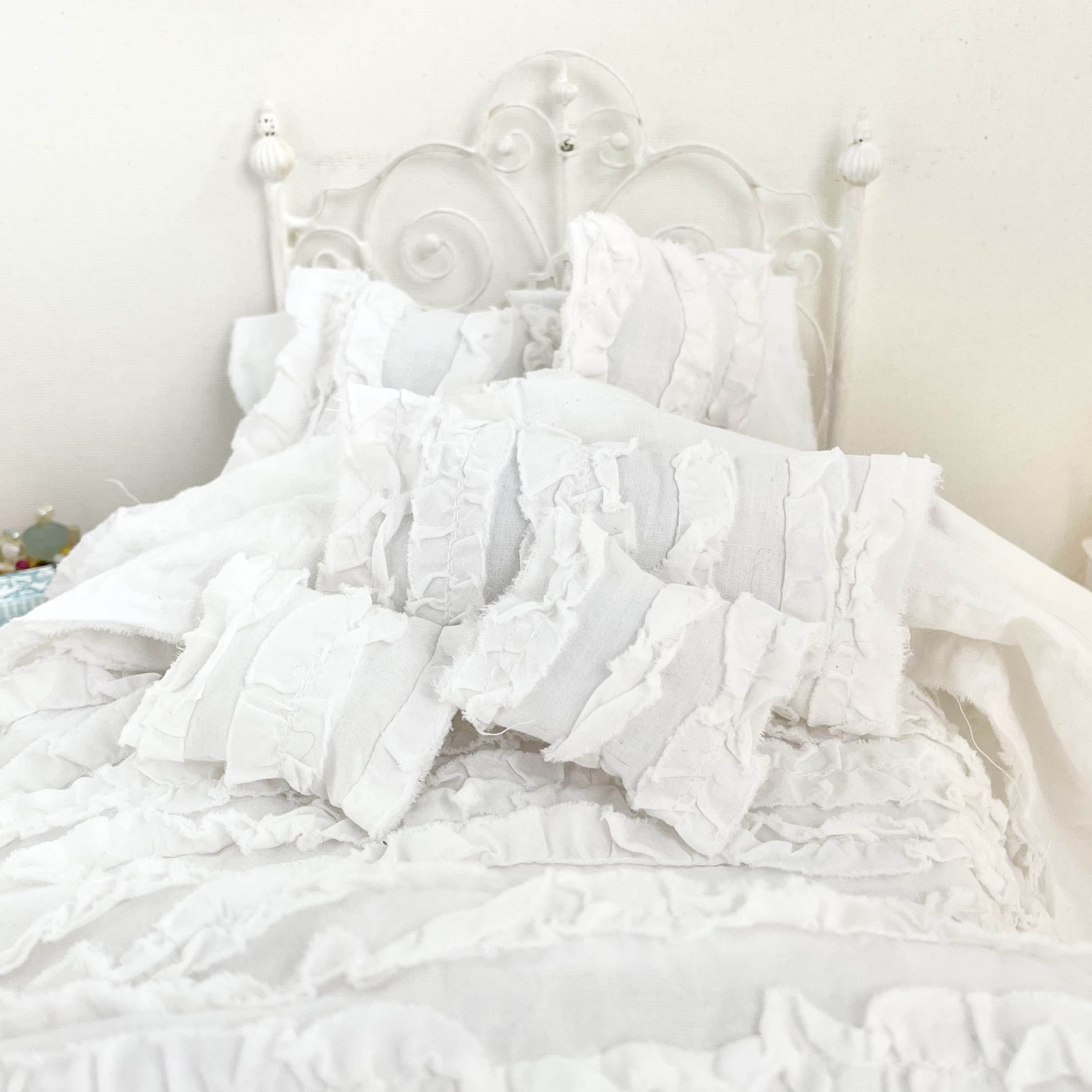 Chantallena fashion doll bedding 1:6 Scale Christina Grace |White Distressed Ruffled Cotton Bedding Set | Julia