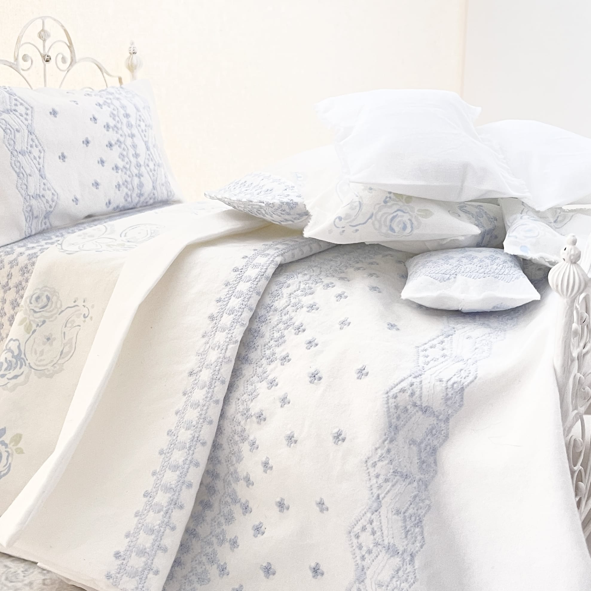 Chantallena fashion doll bedding 1:6 Scale | Pale Blue Embroidered on White Cotton Bedding Set | Satina