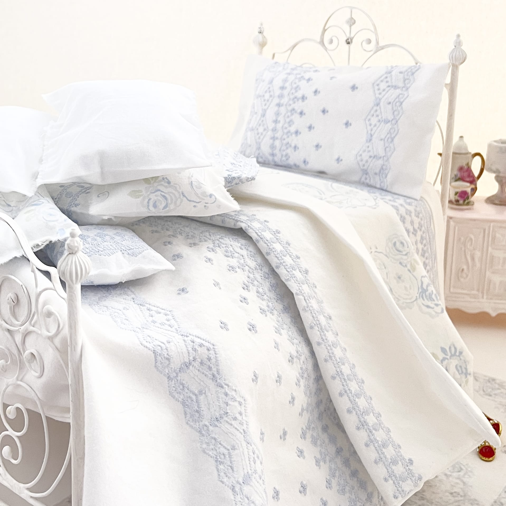 Chantallena fashion doll bedding 1:6 Scale | Pale Blue Embroidered on White Cotton Bedding Set | Satina