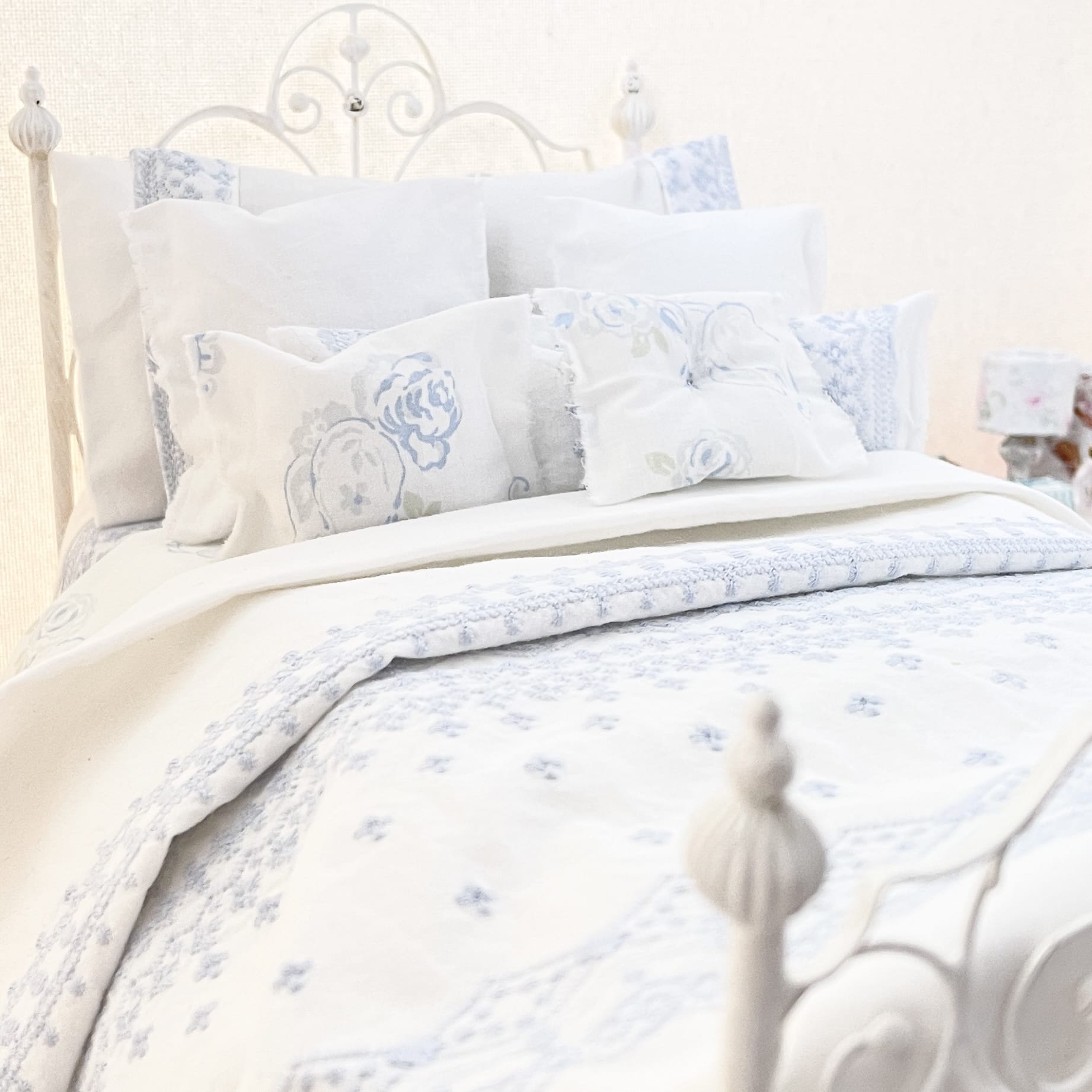 Chantallena fashion doll bedding 1:6 Scale | Pale Blue Embroidered on White Cotton Bedding Set | Satina