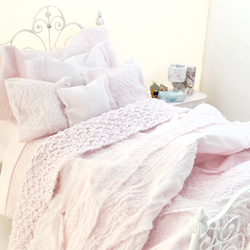 Chantallena fashion doll bedding 1:6 Scale | Pink Textured Cotton Bedding Set | Florence
