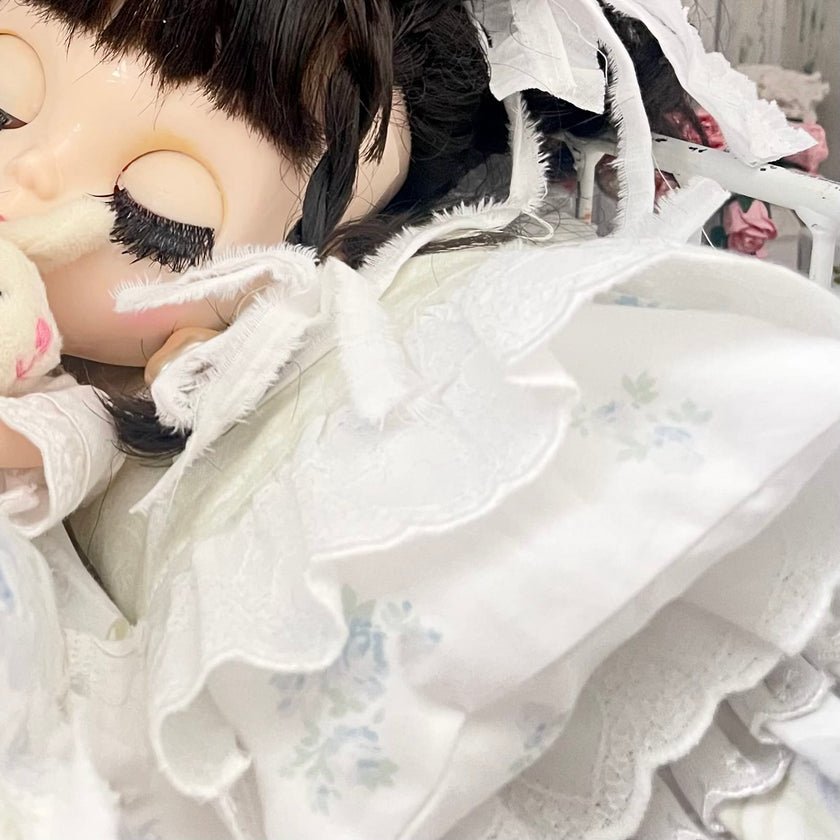 Chantallena fashion doll bedding 1:6 Scale-Spring Willow |Blue Shabby Roses Cotton Bedding Set |Bedtime Story