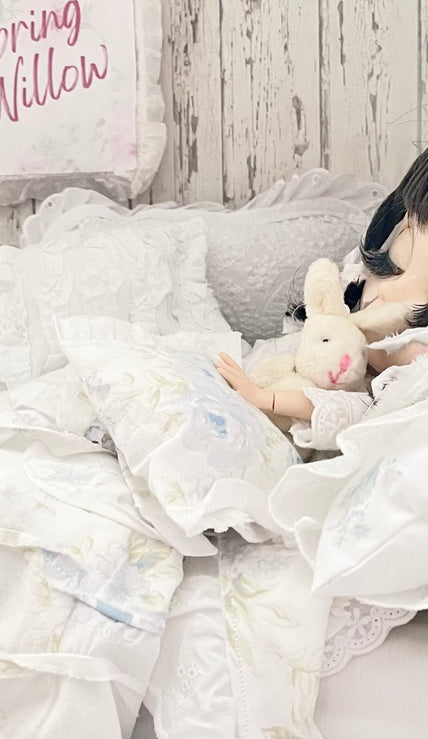 Chantallena fashion doll bedding 1:6 Scale-Spring Willow |Blue Shabby Roses Cotton Bedding Set |Bedtime Story