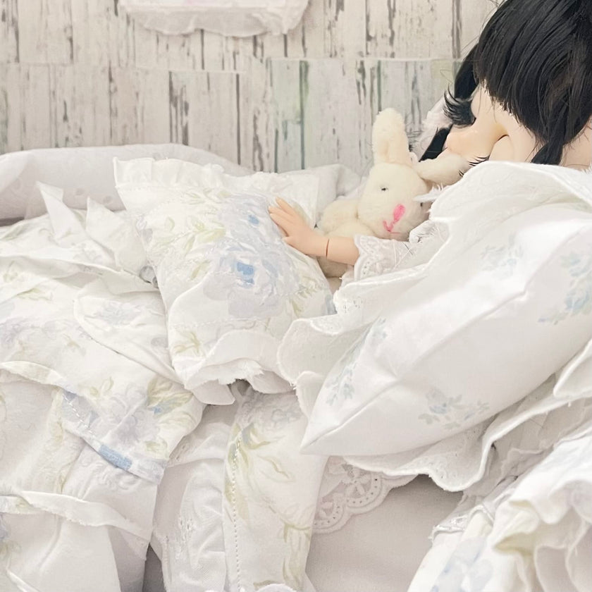 Chantallena fashion doll bedding 1:6 Scale-Spring Willow |Blue Shabby Roses Cotton Bedding Set |Bedtime Story