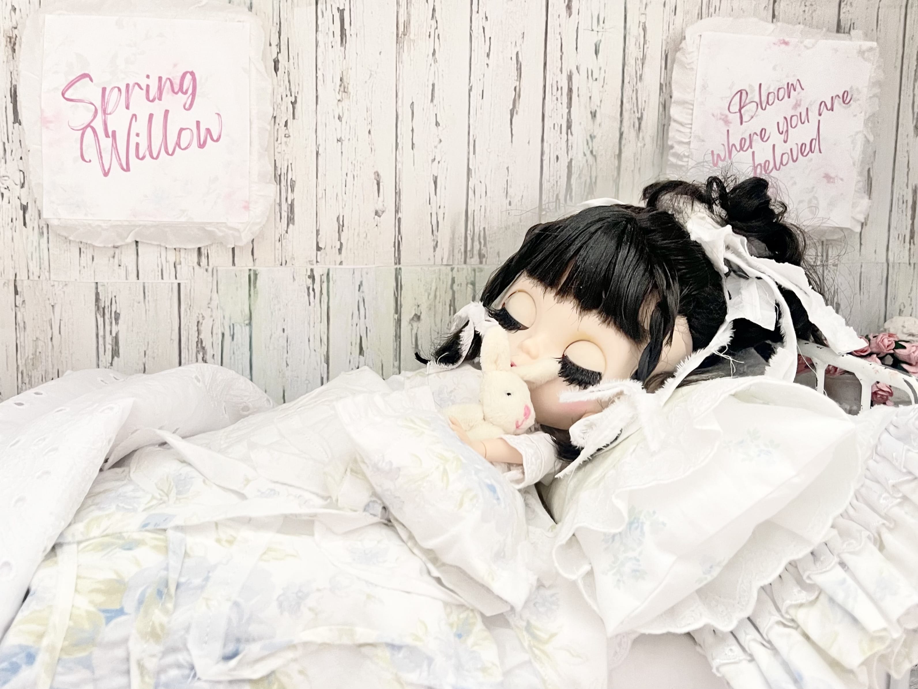 Chantallena fashion doll bedding 1:6 Scale-Spring Willow |Blue Shabby Roses Cotton Bedding Set |Bedtime Story