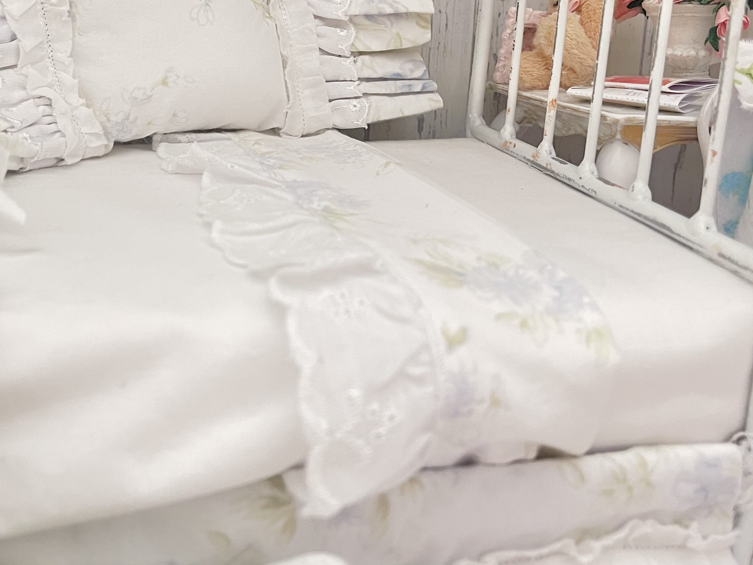 Chantallena fashion doll bedding 1:6 Scale-Spring Willow |Blue Shabby Roses Cotton Bedding Set |Bedtime Story