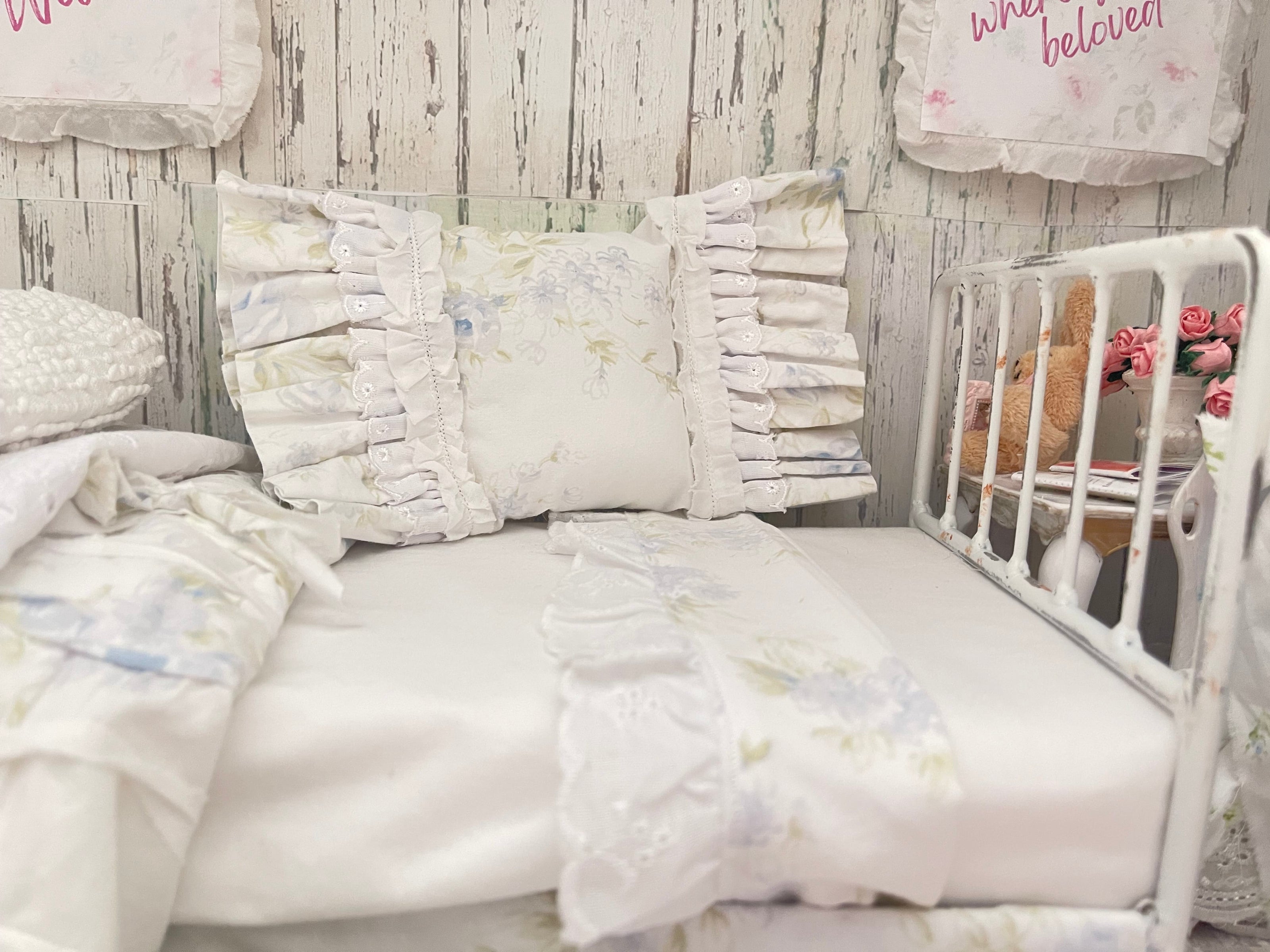 Chantallena fashion doll bedding 1:6 Scale-Spring Willow |Blue Shabby Roses Cotton Bedding Set |Bedtime Story
