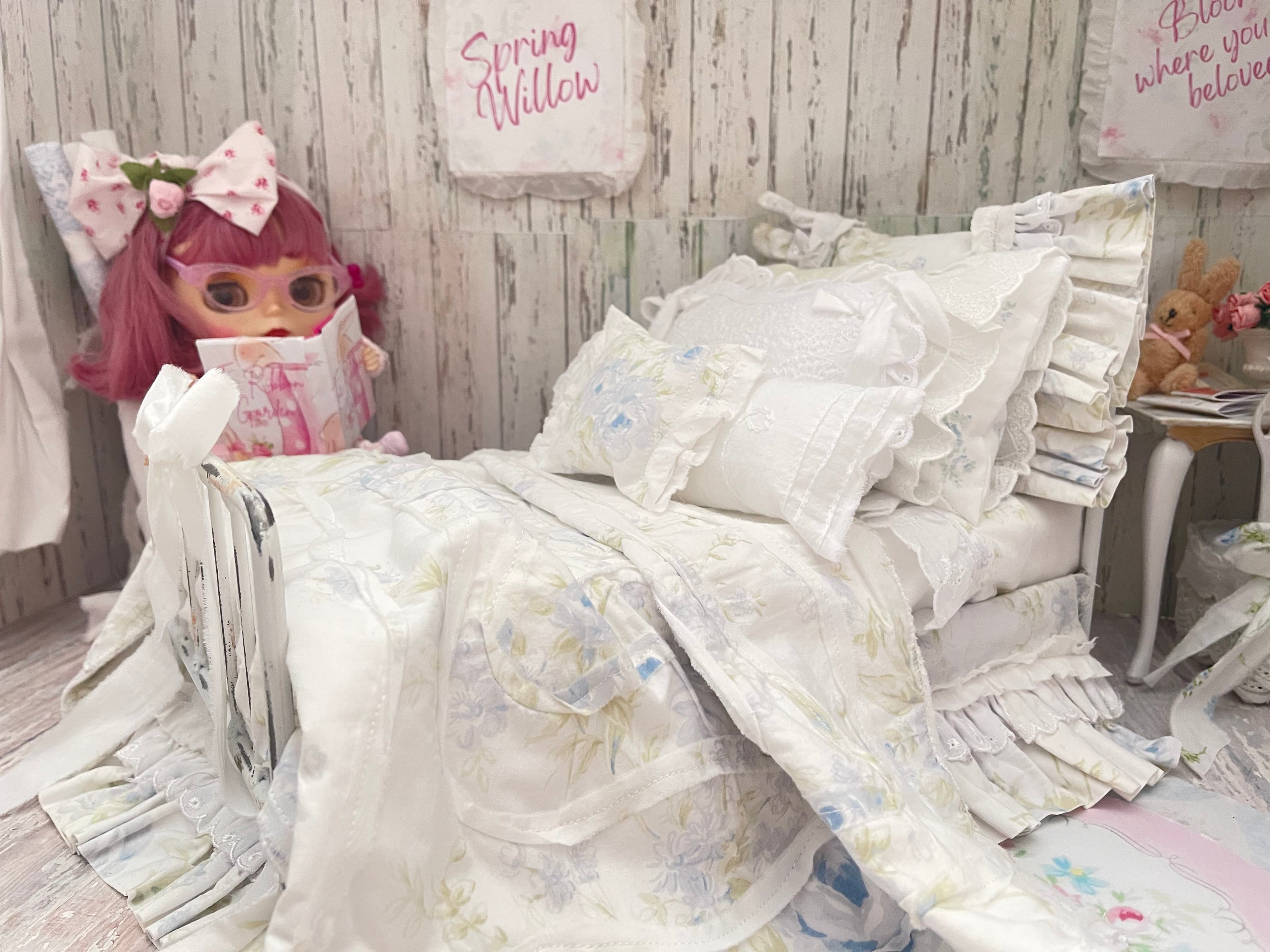 Chantallena fashion doll bedding 1:6 Scale-Spring Willow |Blue Shabby Roses Cotton Bedding Set |Bedtime Story