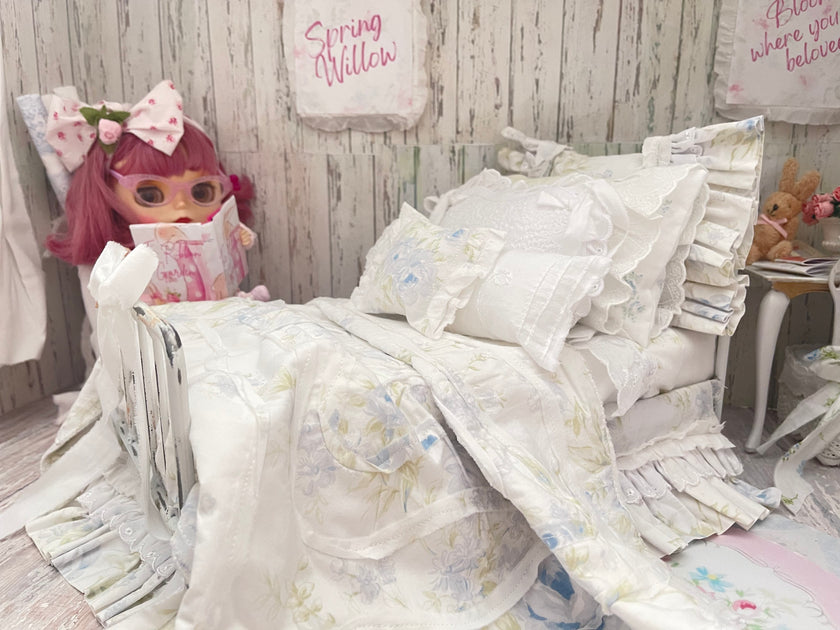 Chantallena fashion doll bedding 1:6 Scale-Spring Willow |Blue Shabby Roses Cotton Bedding Set |Bedtime Story