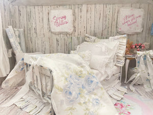 Chantallena fashion doll bedding 1:6 Scale-Spring Willow |Blue Shabby Roses Cotton Bedding Set |Bedtime Story