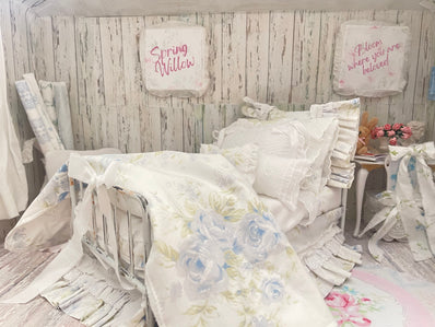 Chantallena fashion doll bedding 1:6 Scale-Spring Willow |Blue Shabby Roses Cotton Bedding Set |Bedtime Story