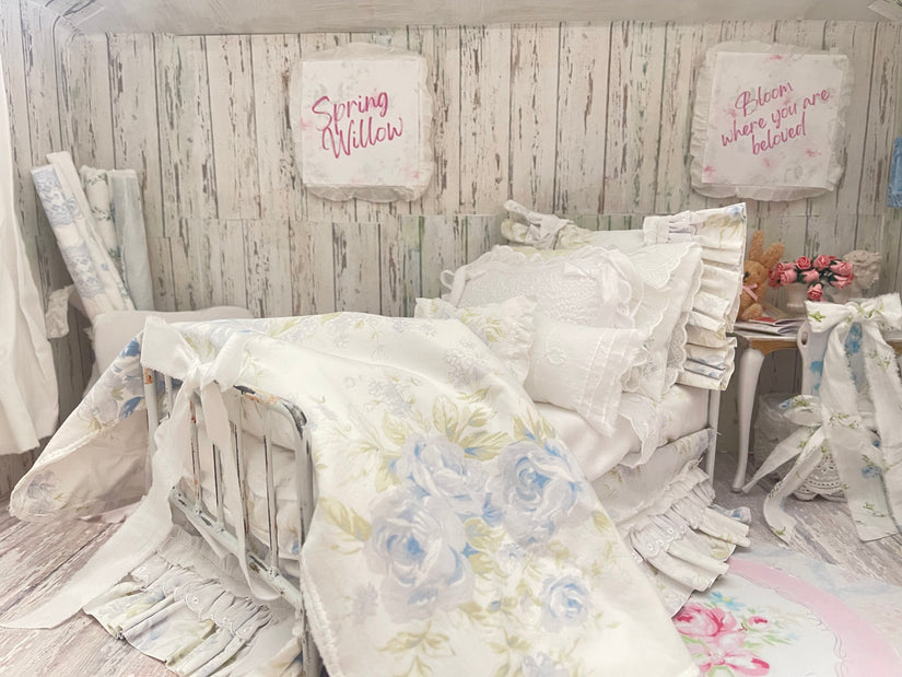 Chantallena fashion doll bedding 1:6 Scale-Spring Willow |Blue Shabby Roses Cotton Bedding Set |Bedtime Story