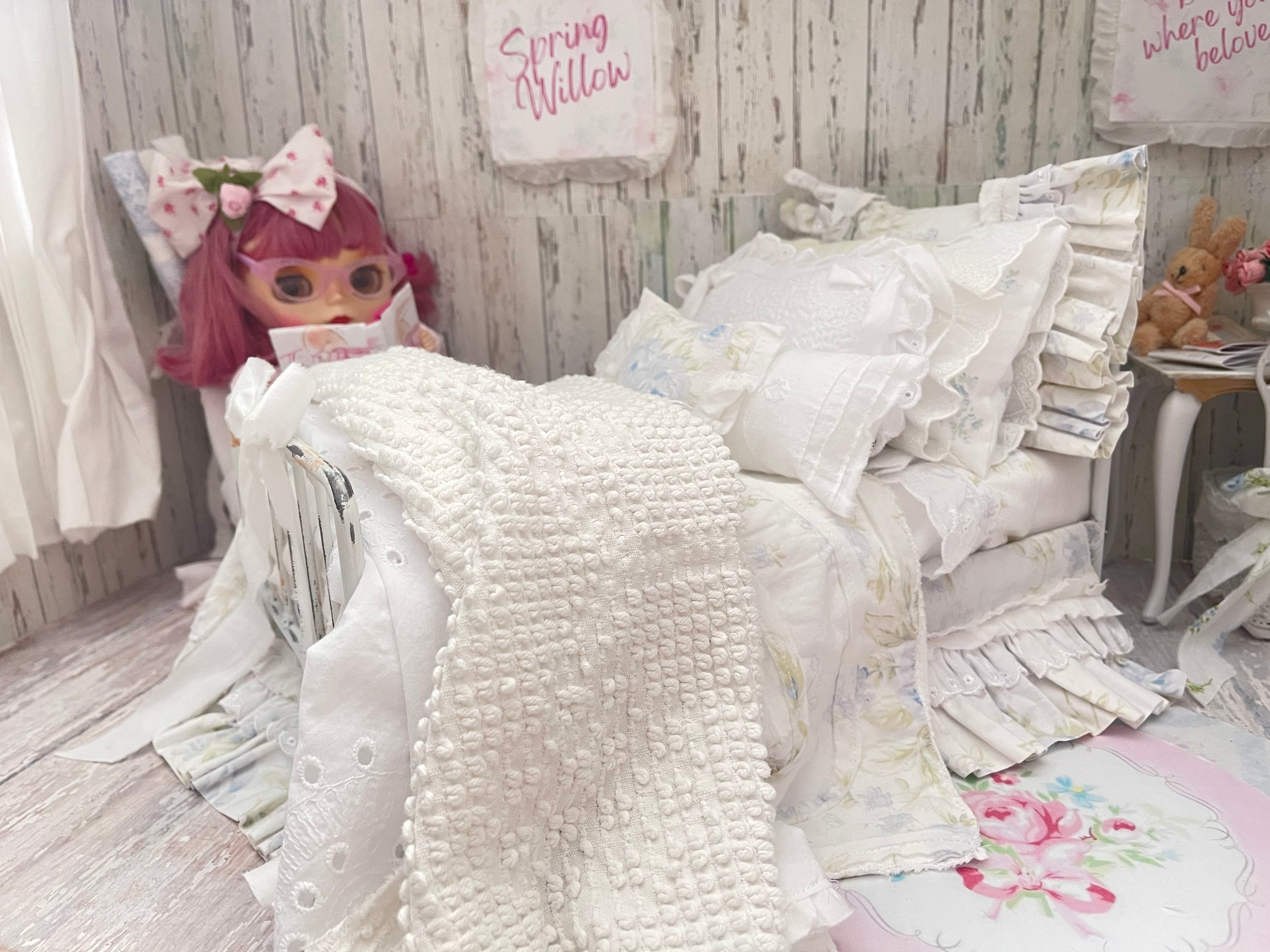 Chantallena fashion doll bedding 1:6 Scale-Spring Willow |Blue Shabby Roses Cotton Bedding Set |Bedtime Story