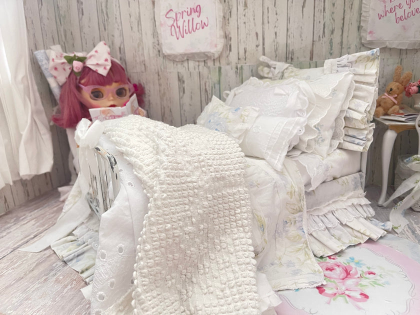 Chantallena fashion doll bedding 1:6 Scale-Spring Willow |Blue Shabby Roses Cotton Bedding Set |Bedtime Story