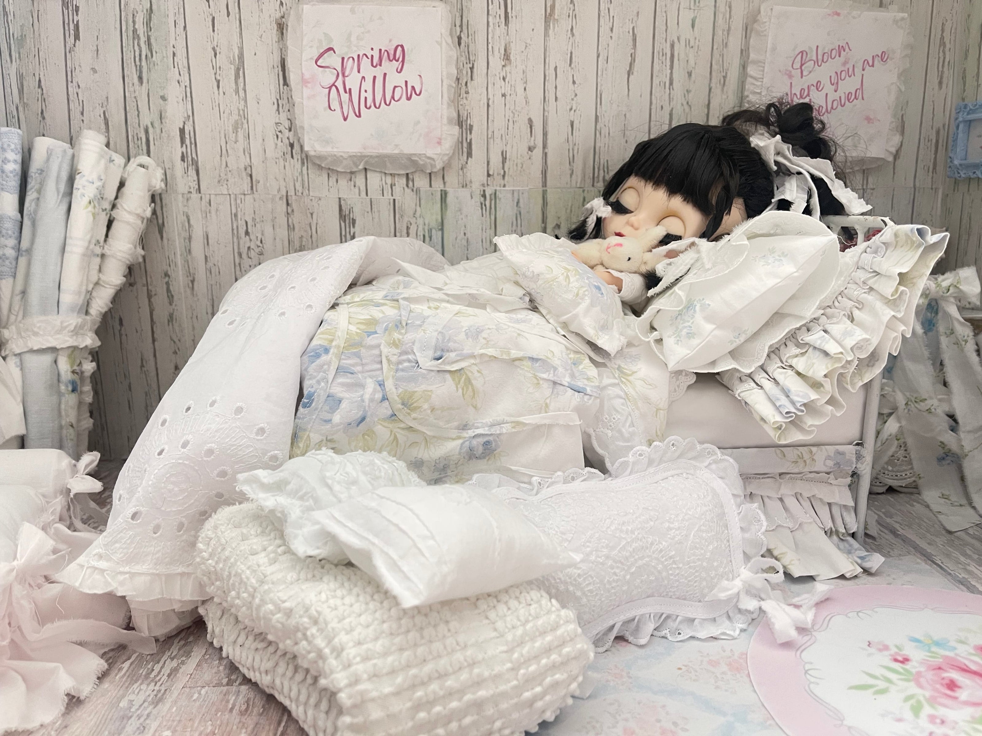 Chantallena fashion doll bedding 1:6 Scale-Spring Willow |Blue Shabby Roses Cotton Bedding Set |Bedtime Story