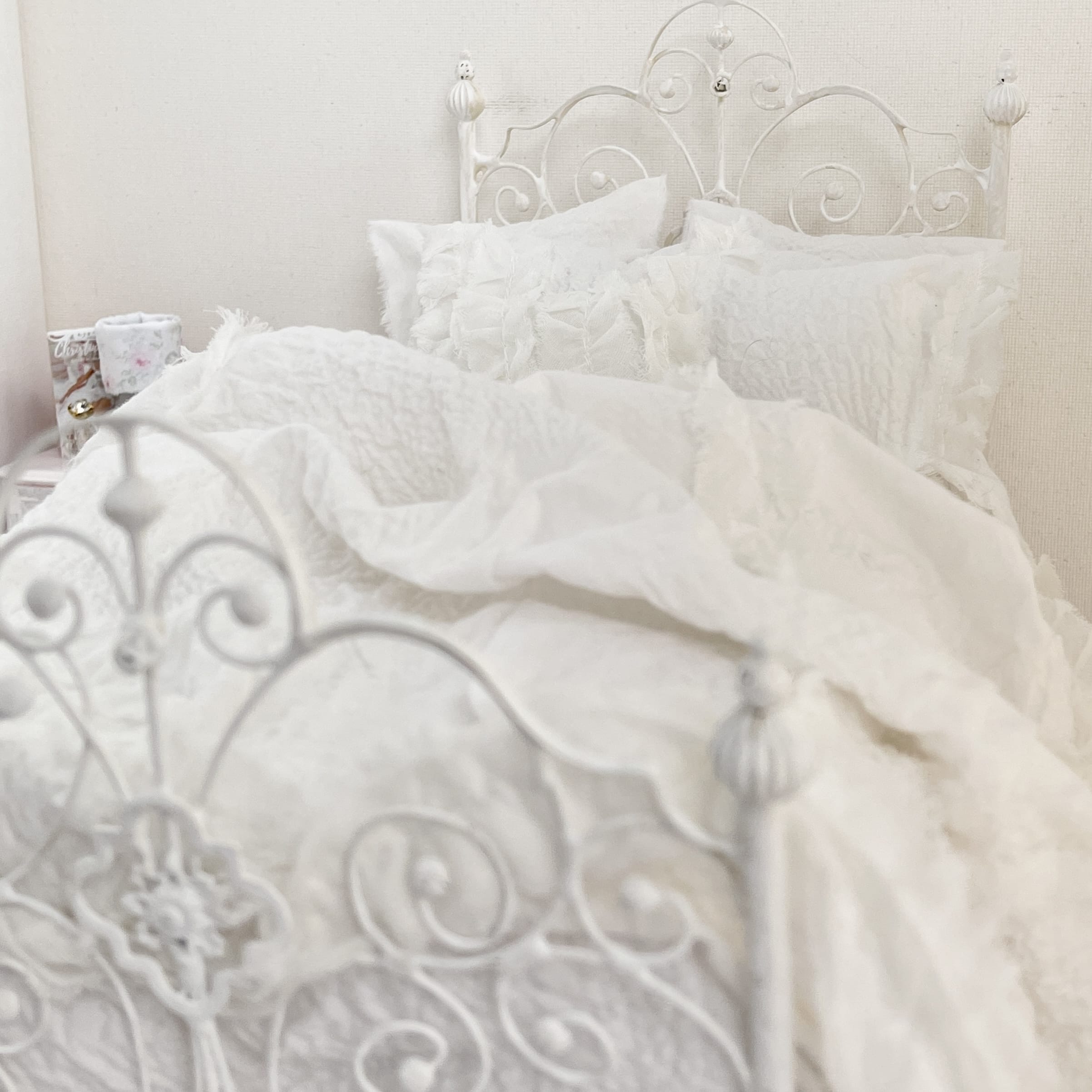 Chantallena fashion doll bedding 1:6 Scale-Whispered Elegance |White Textured Cotton with Ruffled Ribbon Accent Bedding Set | Irene
