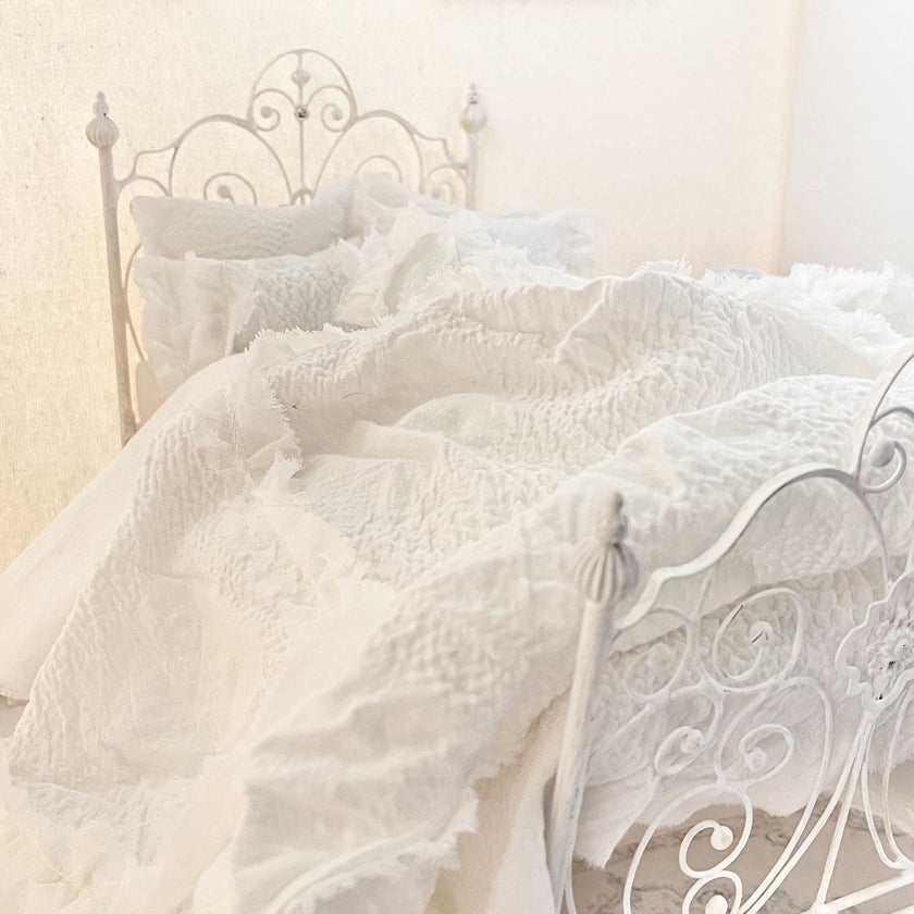 Chantallena fashion doll bedding 1:6 Scale-Whispered Elegance |White Textured Cotton with Ruffled Ribbon Accent Bedding Set | Irene