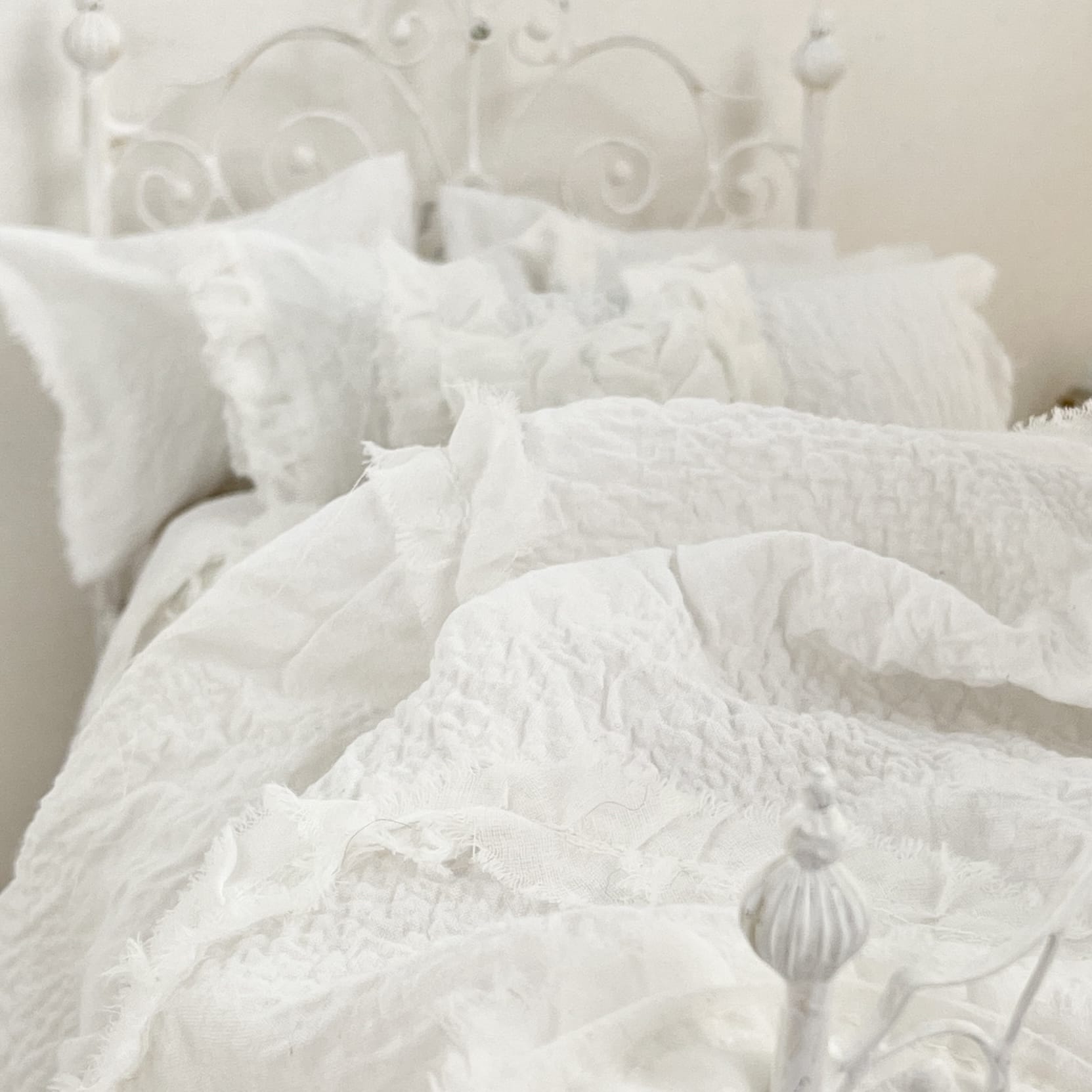 Chantallena fashion doll bedding 1:6 Scale-Whispered Elegance |White Textured Cotton with Ruffled Ribbon Accent Bedding Set | Irene