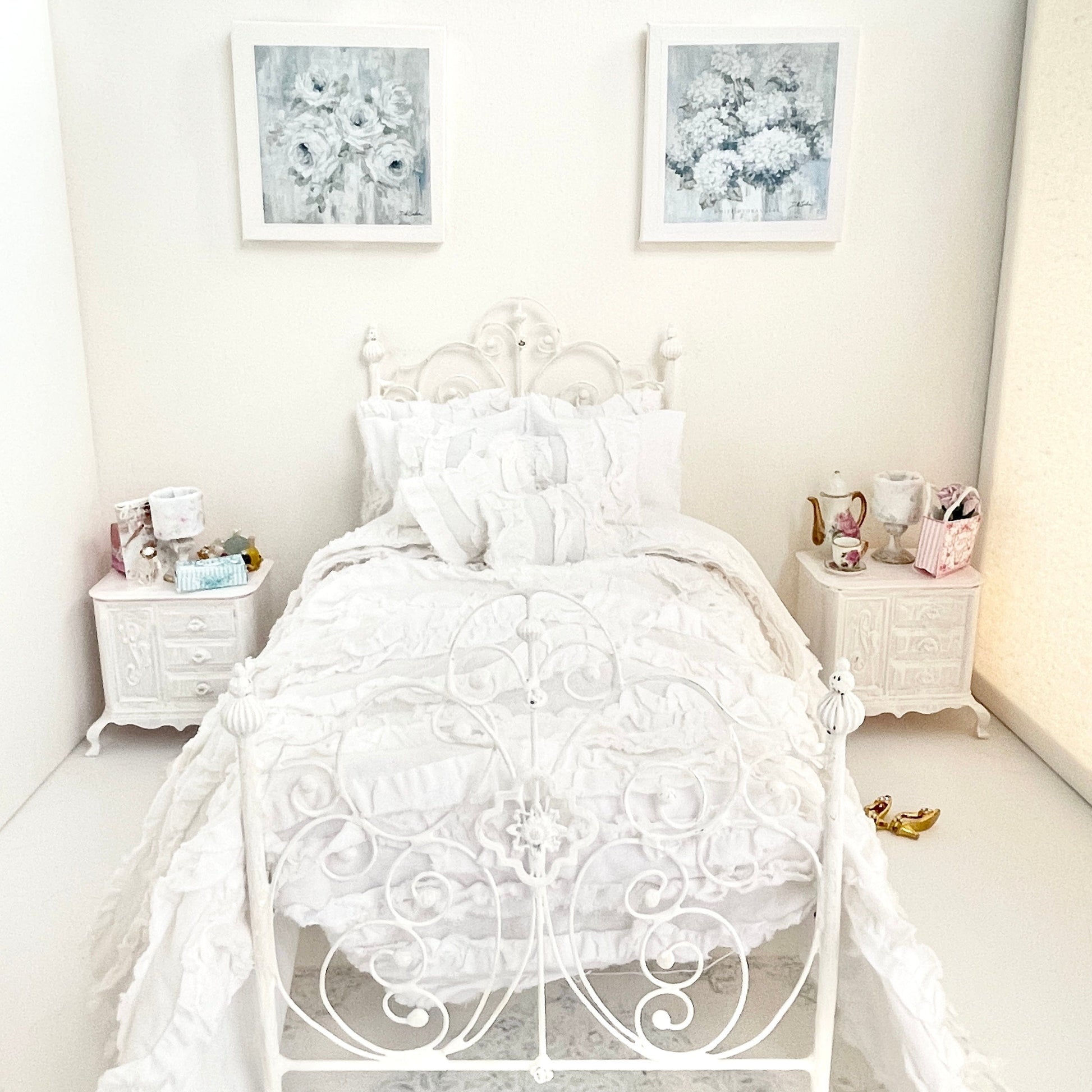 Chantallena fashion doll bedding 1:6 Scale |White Distressed Ruffled Cotton Bedding Set | Julia