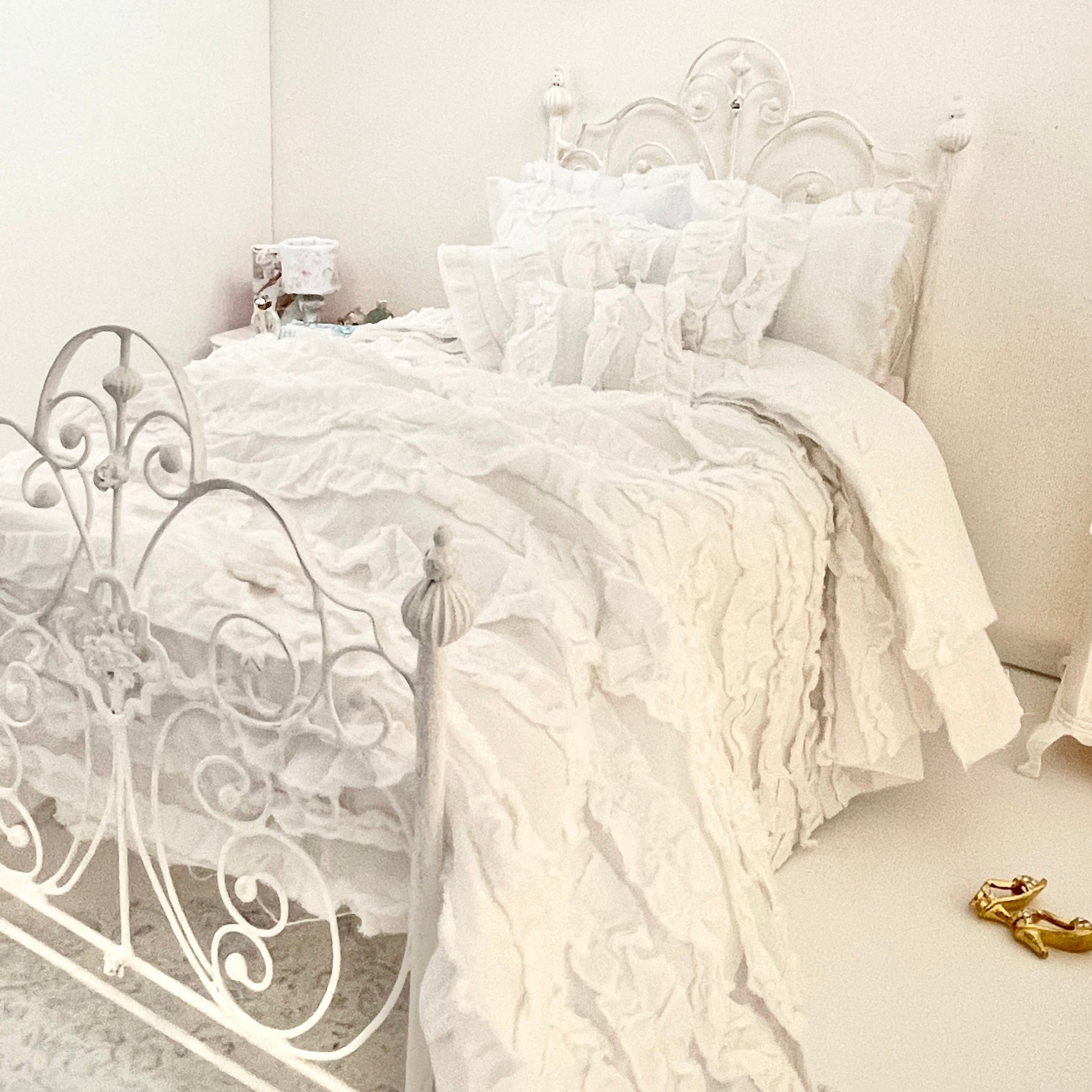 Chantallena fashion doll bedding 1:6 Scale |White Distressed Ruffled Cotton Bedding Set | Julia