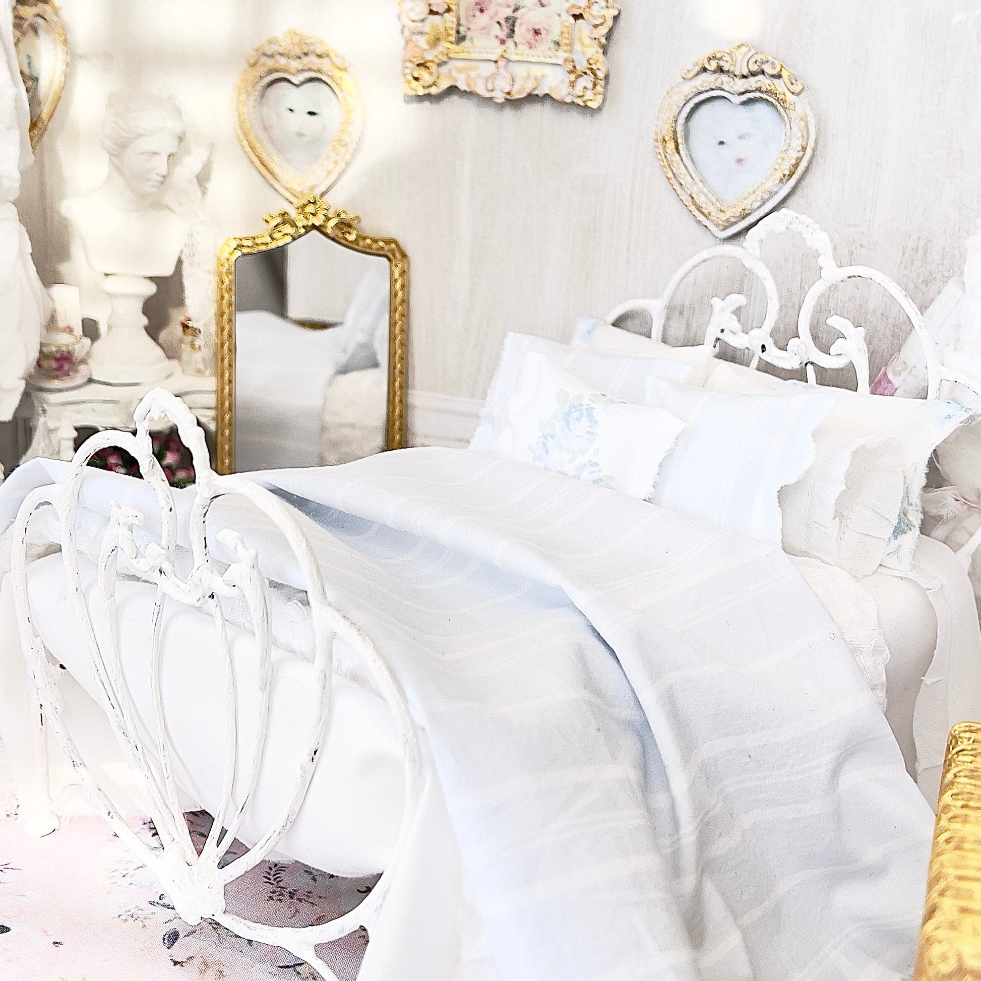 Chantallena Forever in bloom bedding sets Double (9 inch by 9 inch) 1:12 Scale Dollhouse Bedding Set- Anne Forever in Bloom Shabby Blue Stripes | Chantallena