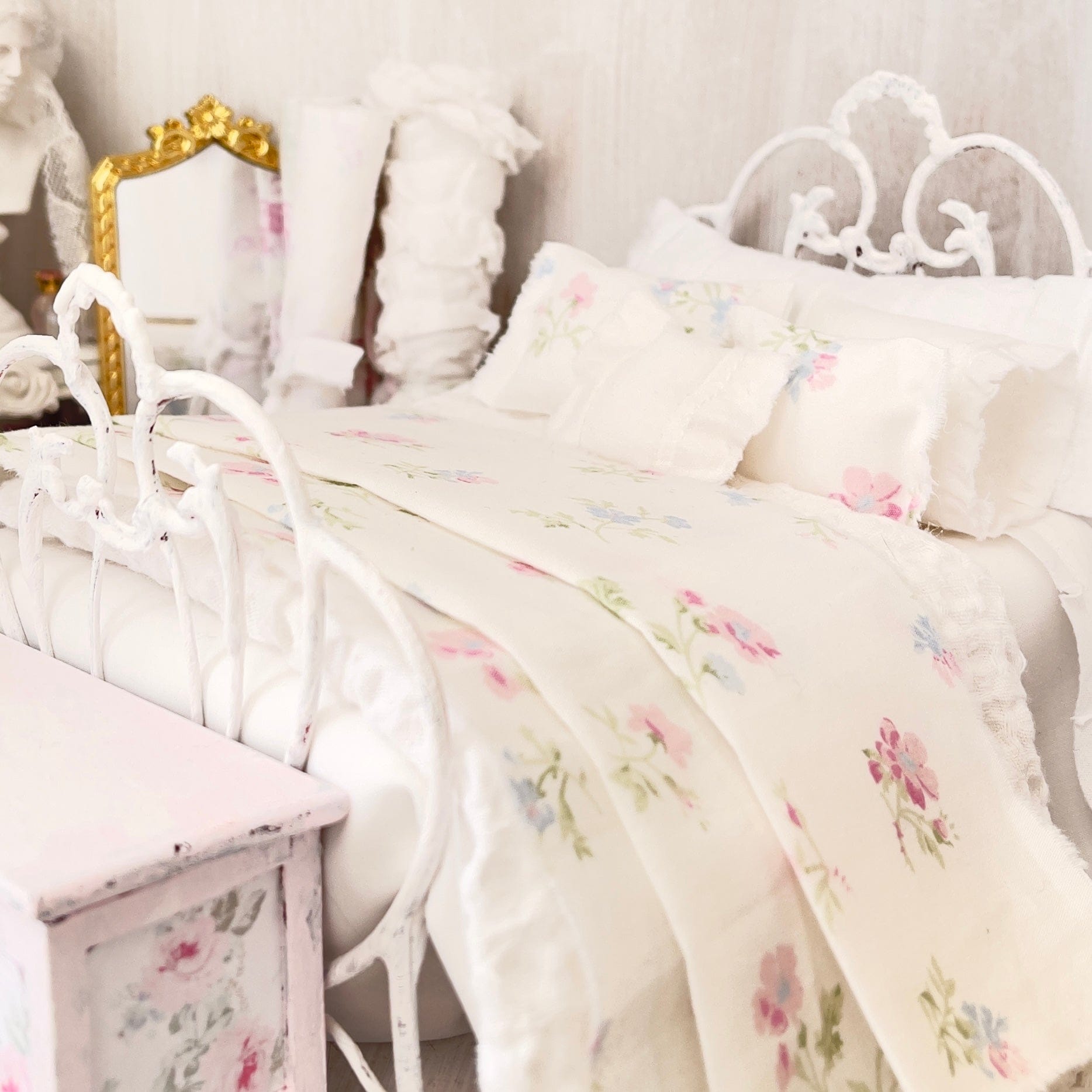 Chantallena Forever in bloom bedding sets Double (9 inch by 9 inch) 1:12 Scale Dollhouse Bedding Set- Demi Forever in Bloom Shabby Pastel Wildflowers | Chantallena