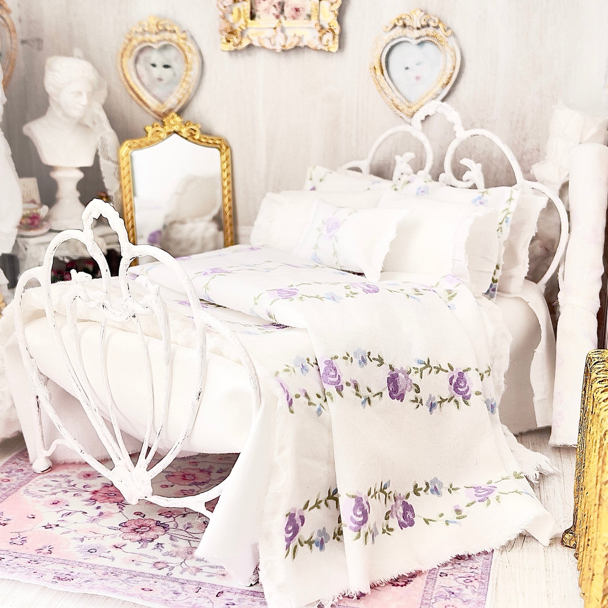 Chantallena Forever in bloom bedding sets Double (9 inch by 9 inch) 1:12 Scale Dollhouse Bedding Set- Mabel Forever in Bloom Lavender Rose Trellis | Chantallena