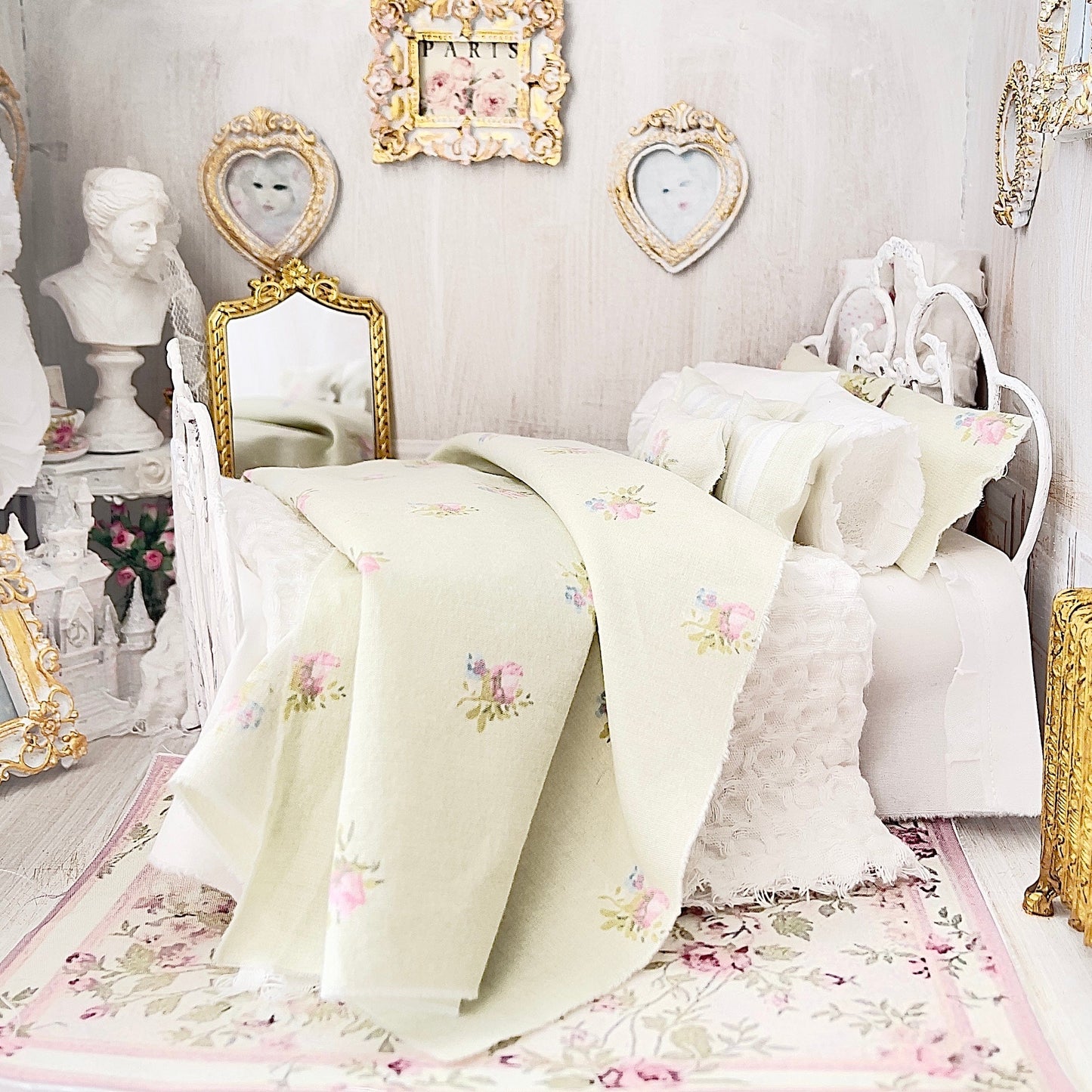 Chantallena Forever in bloom bedding sets Single/Twin (8 in by 8 in) 1:12 Scale Dollhouse Bedding Set- Hope Forever in Bloom Shabby Green and Pink Roses | Chantallena