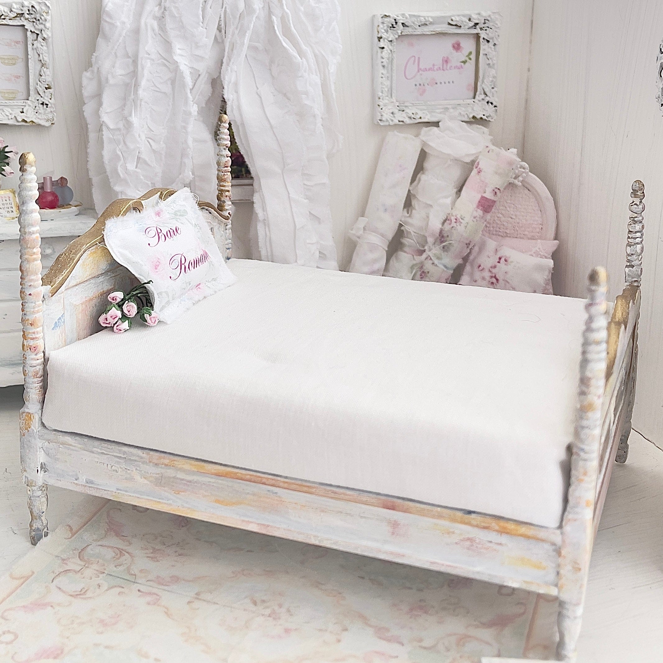 Chantallena Furniture 1:12 Scale Distressed Painted Four Poster Wooden Double Dollhouse Bed | Unwritten Romance |Chantallena