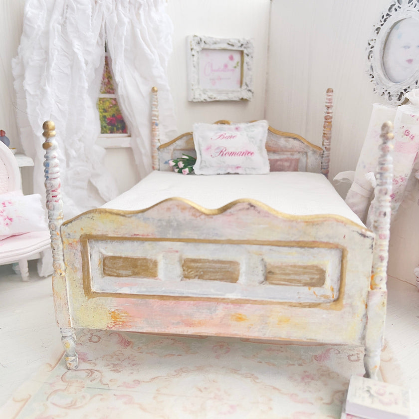 Chantallena Furniture 1:12 Scale Distressed Painted Four Poster Wooden Double Dollhouse Bed | Unwritten Romance |Chantallena