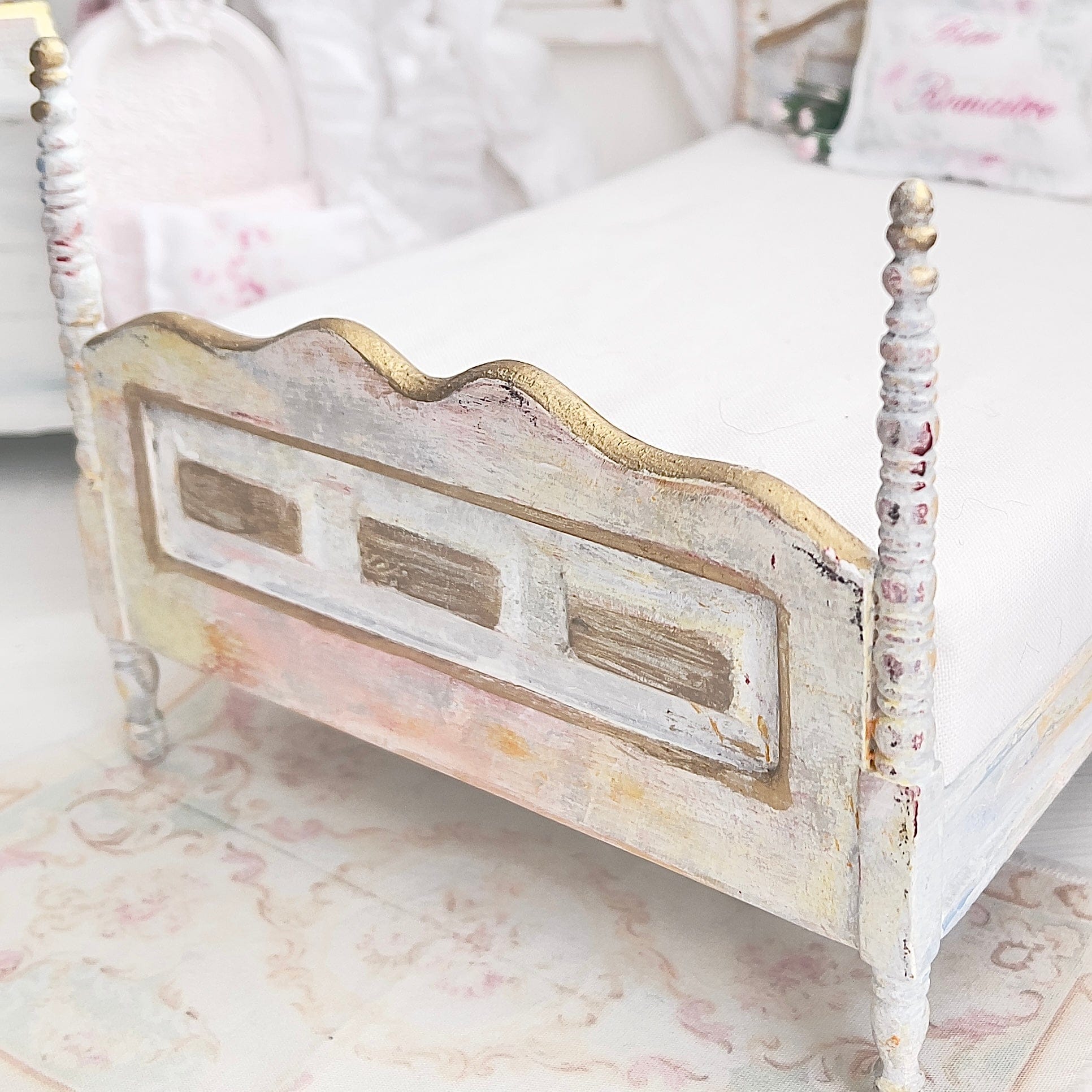 Chantallena Furniture 1:12 Scale Distressed Painted Four Poster Wooden Double Dollhouse Bed | Unwritten Romance |Chantallena