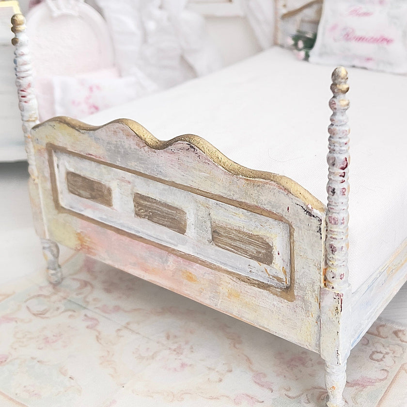 Chantallena Furniture 1:12 Scale Distressed Painted Four Poster Wooden Double Dollhouse Bed | Unwritten Romance |Chantallena
