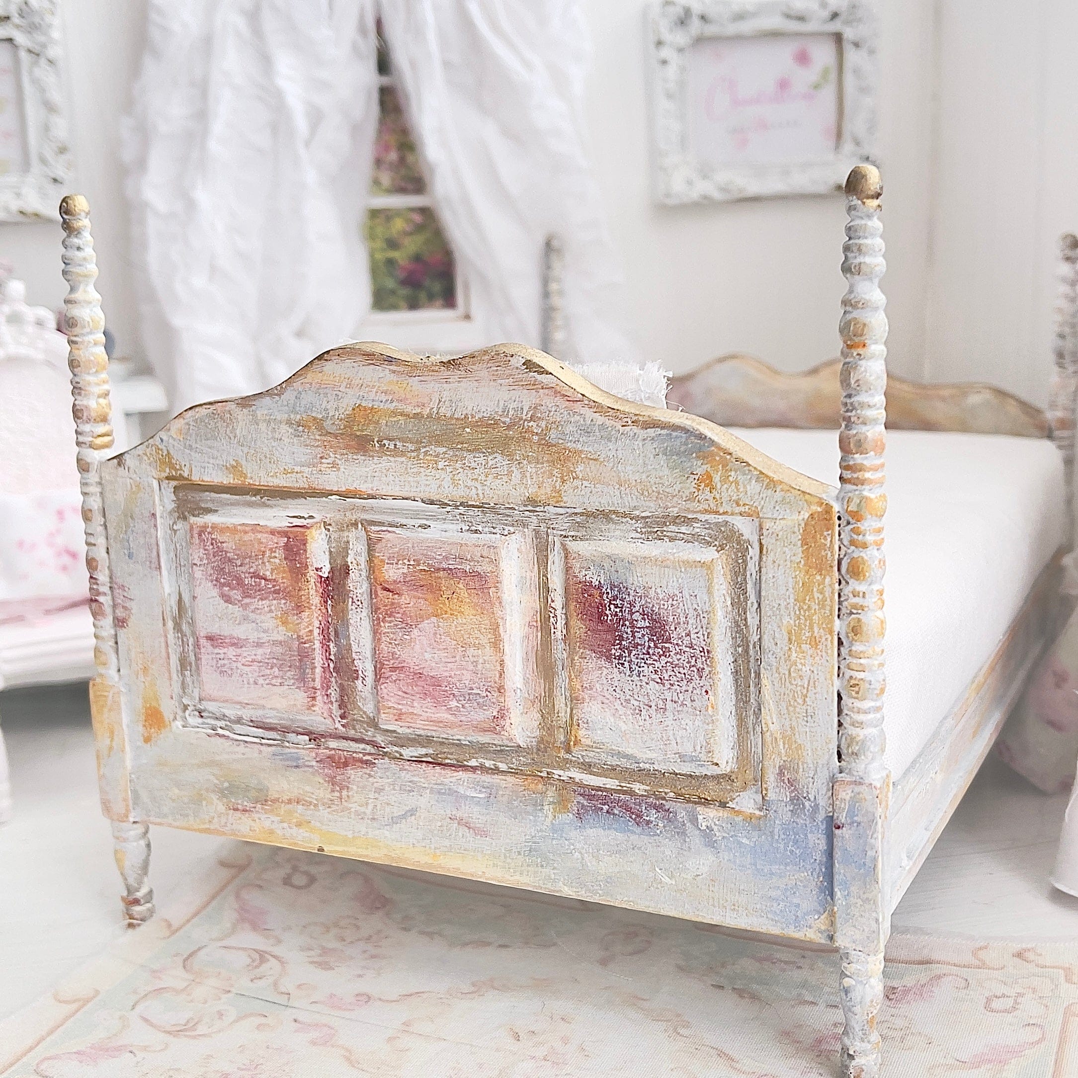Chantallena Furniture 1:12 Scale Distressed Painted Four Poster Wooden Double Dollhouse Bed | Unwritten Romance |Chantallena