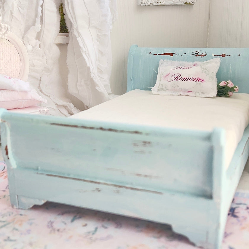 Chantallena Furniture 1:12 Scale Distressed Painted Shabby Blue Wooden Double Sleigh Dollhouse Bed| Unwritten Romance |Chantallena