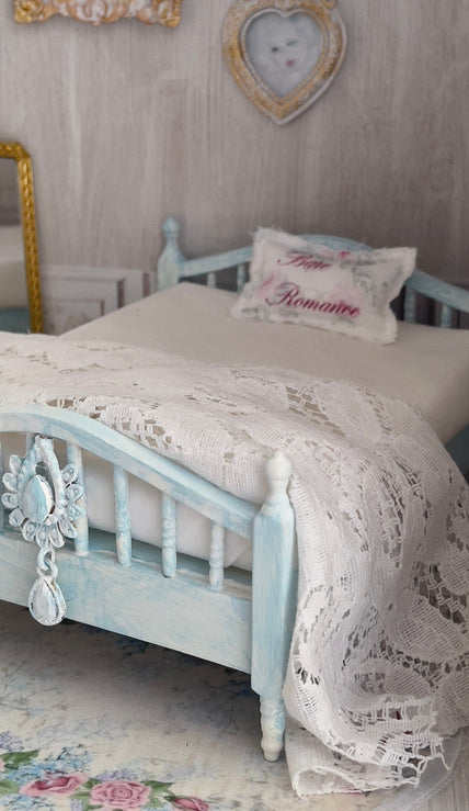 Chantallena Furniture 1:12 Scale Distressed Painted Shabby Blue Wooden Double Spindle Dollhouse Bed | Unwritten Romance