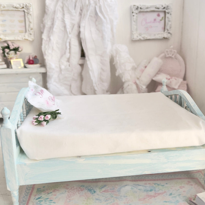 Chantallena Furniture 1:12 Scale Distressed Painted Shabby Blue Wooden Double Spindle Dollhouse Bed | Unwritten Romance |Chantallena